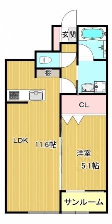 ロード&スカイ(1LDK/1階)の間取り写真