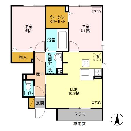 シャ ティグレ 弐番館(2LDK/1階)の間取り写真