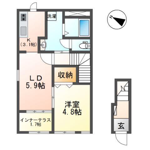 シャトー開成(1LDK/2階)の間取り写真