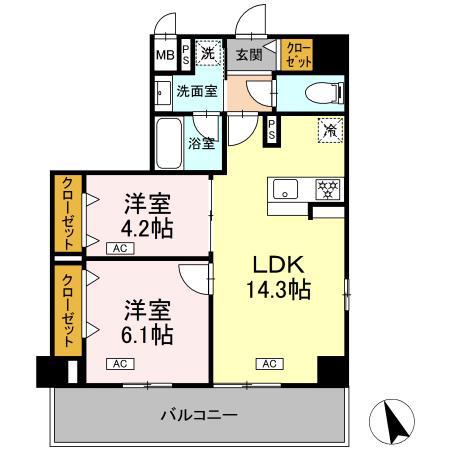 ヴィラ トルチュ東刈谷(2LDK/5階)の間取り写真