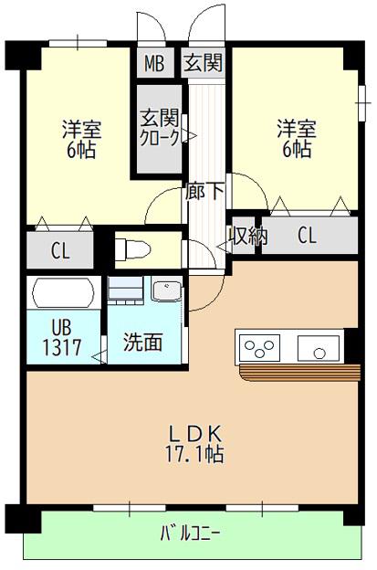 ヒルザコートII(2LDK/2階)の間取り写真