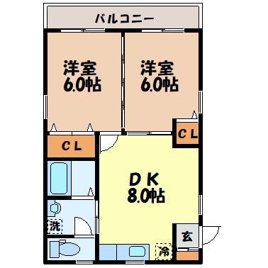 JR長崎本線 肥前古賀駅 徒歩57分 3階建 築21年(2DK/2階)の間取り写真