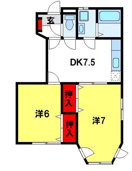 リバージュ天拝(2DK/1階)の間取り写真