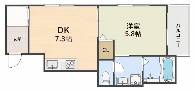 ロワール北大手(1DK/3階)の間取り写真