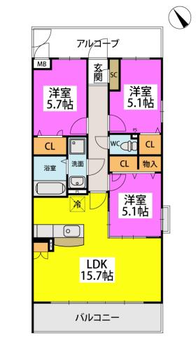 アルテハイム宮ノ陣II(3LDK/3階)の間取り写真