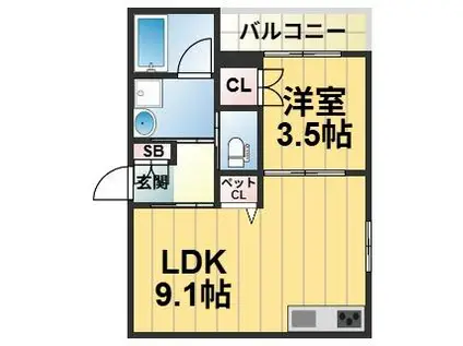 大阪市旭区新森5丁目ヘーベルメゾン(1LDK/1階)の間取り写真