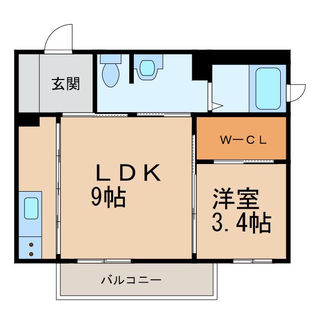 リヴェール紀三井寺(1LDK/2階)の間取り写真