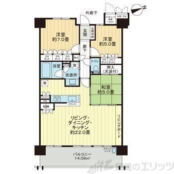 ライオンズ南千里佐竹台グランハートソレイユヴィラ(3LDK/6階)の間取り写真