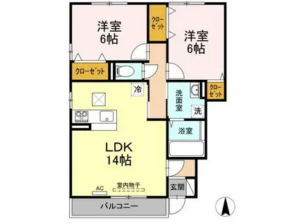 ウィスティー一色 B棟 B101(2LDK/1階)の間取り写真