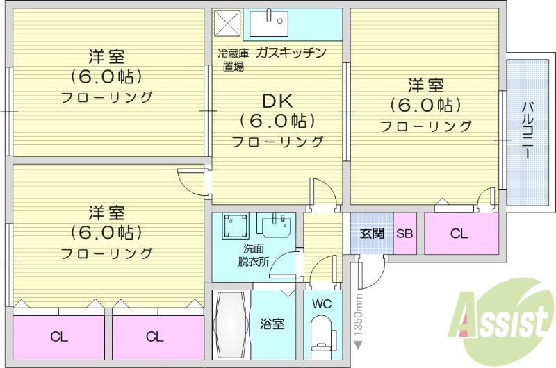 ヴィルヌーブ岩切A(3DK/1階)の間取り写真