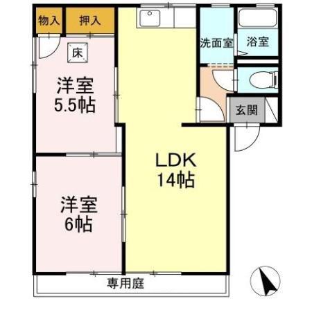 ヴィラージュ松倉(2LDK/1階)の間取り写真