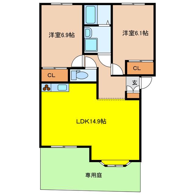 ヴィラ ルミナスB(2LDK/1階)の間取り写真