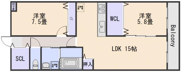 クレスト山本I(2LDK/2階)の間取り写真