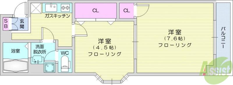 クレセール河原町(2K/6階)の間取り写真