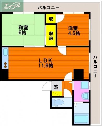 ハイツ岡本(2LDK/7階)の間取り写真