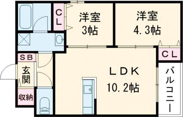 GLANZ 六ツ門(2LDK/2階)の間取り写真