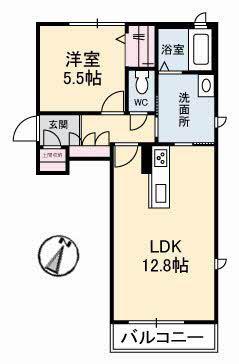シャーメゾンタウン西阿知駅前A棟(1LDK/2階)の間取り写真