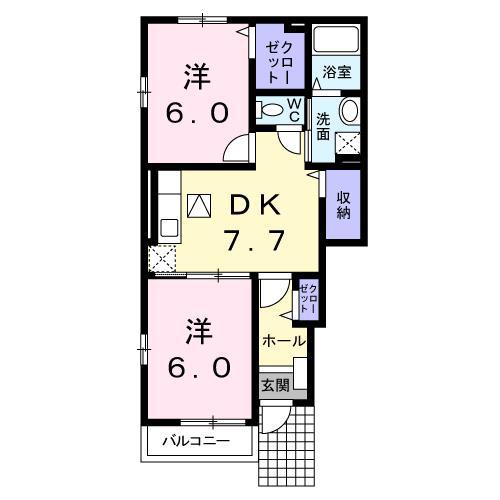 ミューB(2DK/1階)の間取り写真