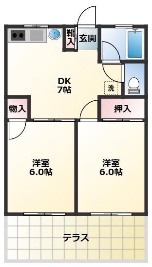 シティハイムつるしろ(2DK/1階)の間取り写真