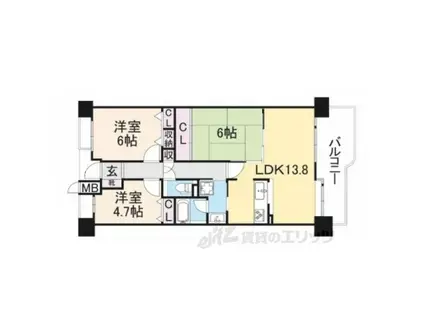 ファミールガーデン二条駅前 西棟(3LDK/4階)の間取り写真