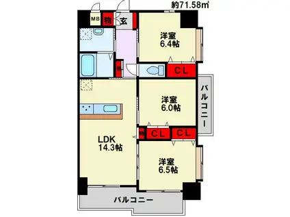 TGボナール浅川台A棟(3LDK/4階)の間取り写真