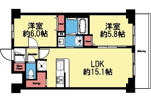 アソシエール大倉山(2LDK/4階)の間取り写真