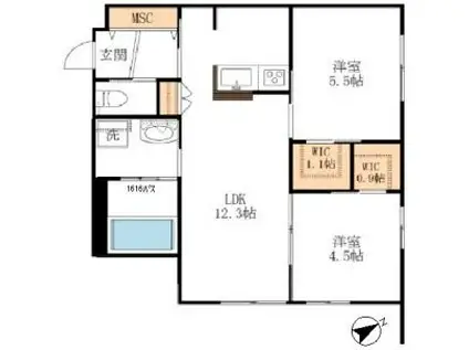 GRACE COURT東棟(2LDK/1階)の間取り写真