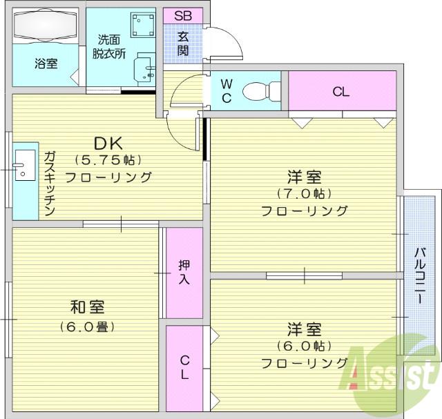 マルベリー・コートⅠ(3DK/2階)の間取り写真