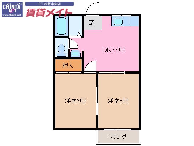 ルナハイツにしむら(2DK/2階)の間取り写真