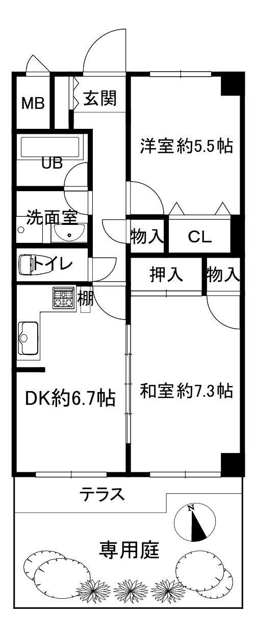 ライオンズマンション北畠(2DK/1階)の間取り写真