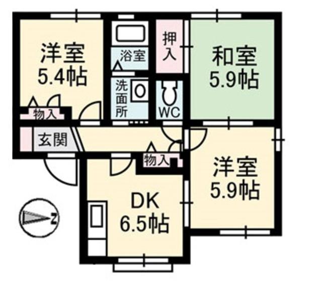 オリーブテラスB棟(3DK/1階)の間取り写真