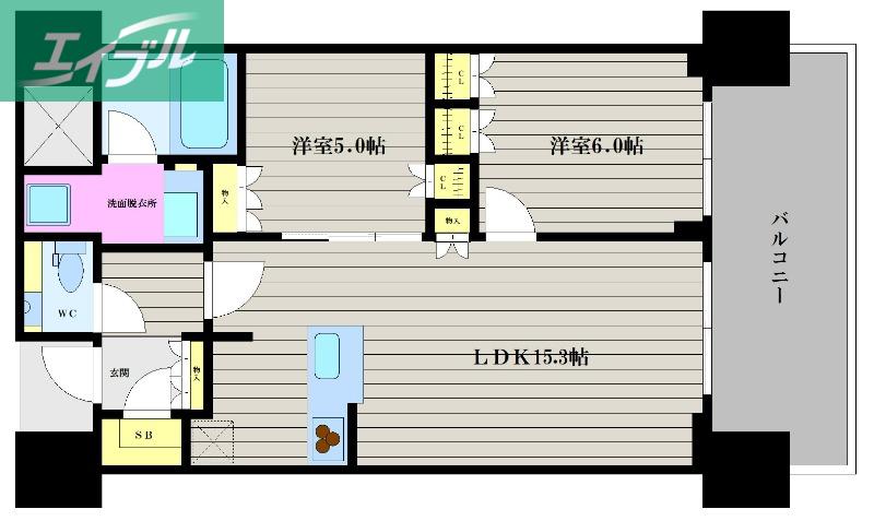 プラウドタワー岡山(2LDK/16階)の間取り写真