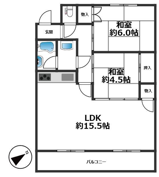 魚住コーポ B(2LDK/4階)の間取り写真