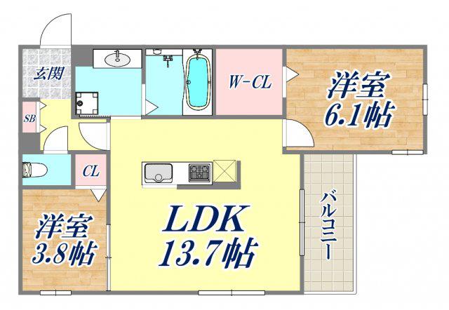 ブル・マリーノ衣掛(2LDK/3階)の間取り写真