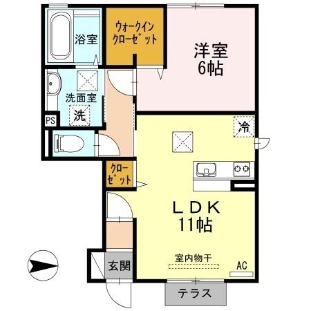 クオーレ B棟(1LDK/2階)の間取り写真