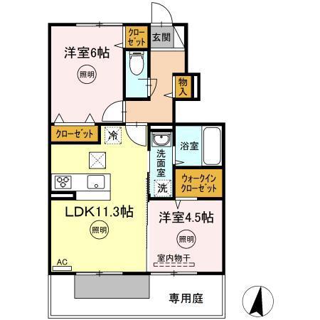 オネスト上林 B棟(2LDK/1階)の間取り写真