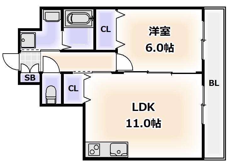エルミタージュ難波南III(1LDK/4階)の間取り写真