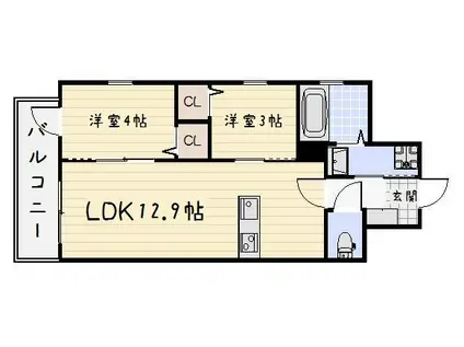 北九州モノレール 平和通駅 徒歩8分 14階建 築7年(1LDK/12階)の間取り写真