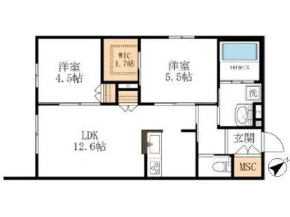 GRACE COURT東棟(2LDK/1階)の間取り写真