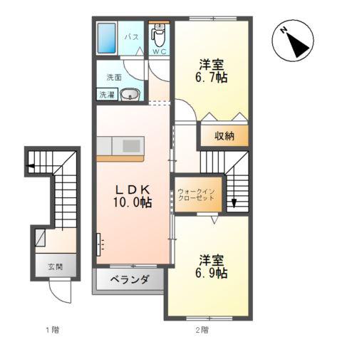 ユニヴェール宮代(2LDK/2階)の間取り写真