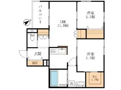 GRACE COURT東棟(2LDK/2階)の間取り写真