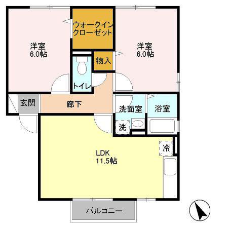 クレストコートA・B(2LDK/2階)の間取り写真