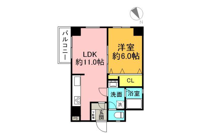 フドウ庚午ハイツ(1LDK/6階)の間取り写真