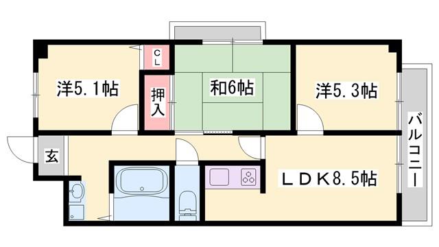 ハピネス見野(3LDK/3階)の間取り写真
