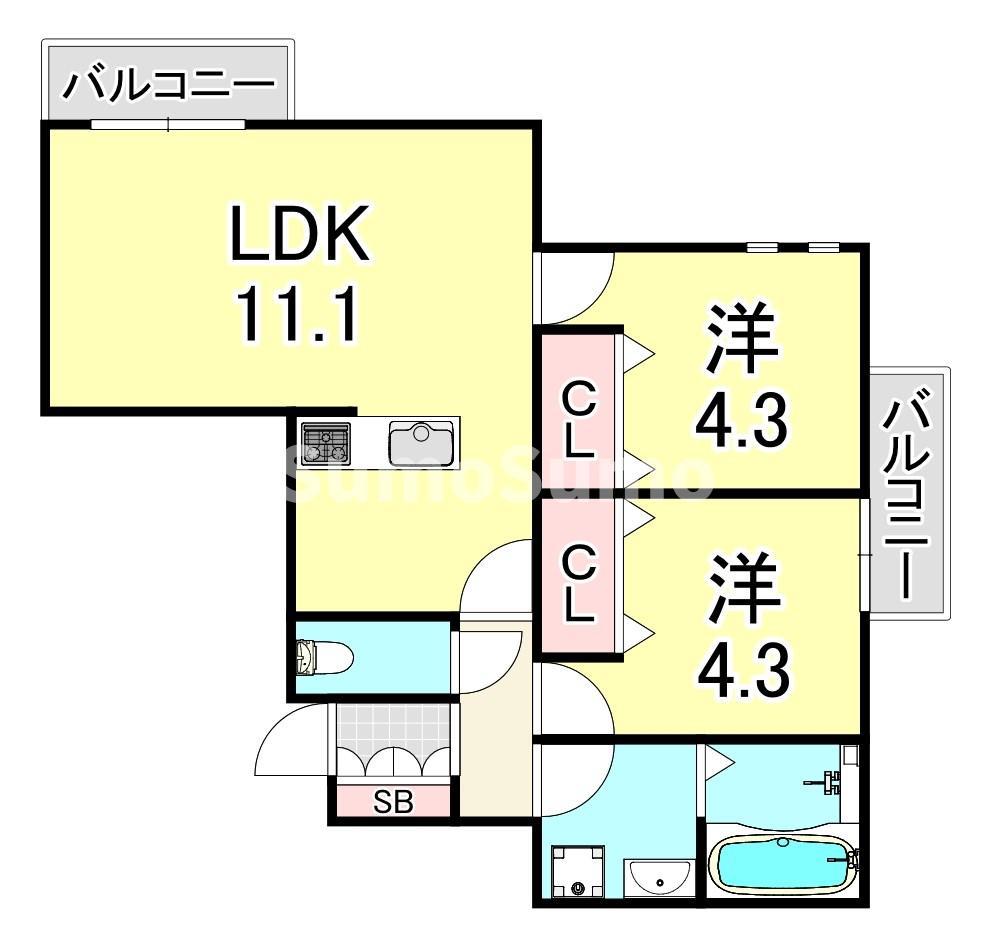 アレーズコート苦楽園(2LDK/2階)の間取り写真