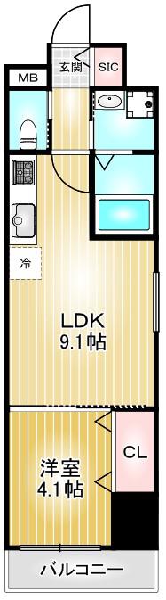LUXETAGE大須ウエスト(1LDK/9階)の間取り写真