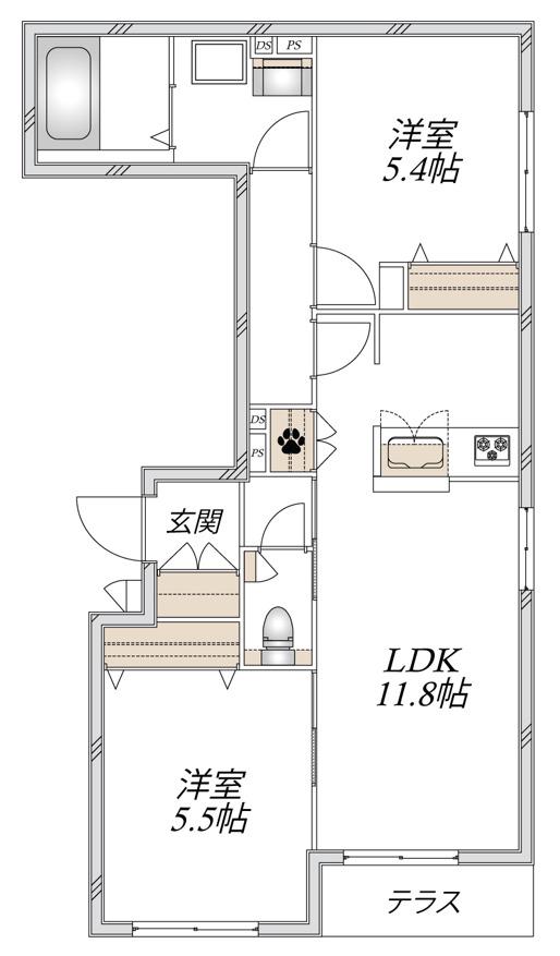 稲城市押立ヘーベルメゾン(2LDK/1階)の間取り写真