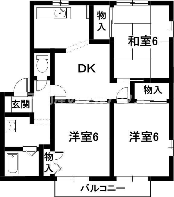 ディアス中部 B棟(3LDK/1階)の間取り写真