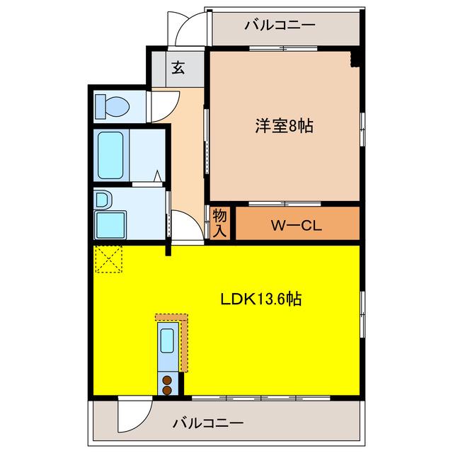 アクシス三本木(1LDK/2階)の間取り写真