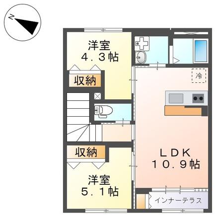 ボヌール・ハルル(2LDK/2階)の間取り写真